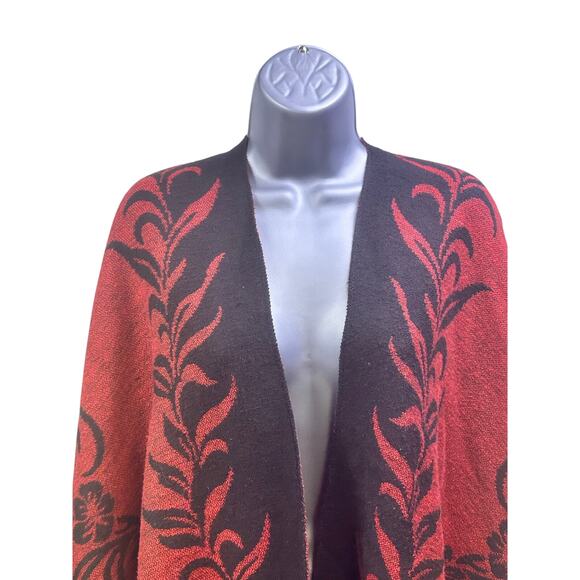 Cashmere Feel Boho Wrap Shawl Reversible Black Red Floral Black Fringe Soft Warm - Picture 2 of 8
